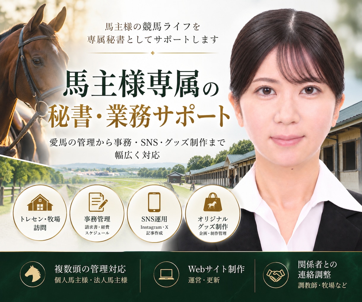 馬主様向けに秘書業務全般を行います 【27歳女性】所有馬の管理、SNS運用・グッズ制作など対応 イメージ1