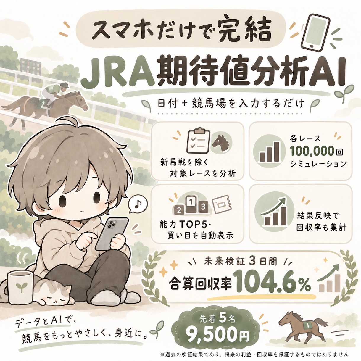 スマホ完結のJRA期待値分析AIを提供します 日付＋競馬場だけ｜10万回分析・買い目まで自動表示 イメージ1