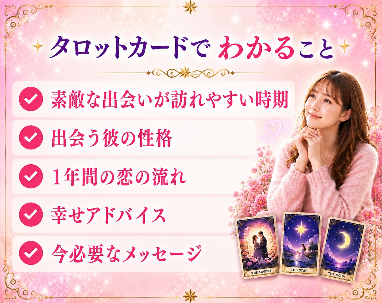 出会いの時期と恋愛運をタロットで読み解きます 出会う彼の性格や1年間の恋愛の流れをやさしく読み解きます イメージ3