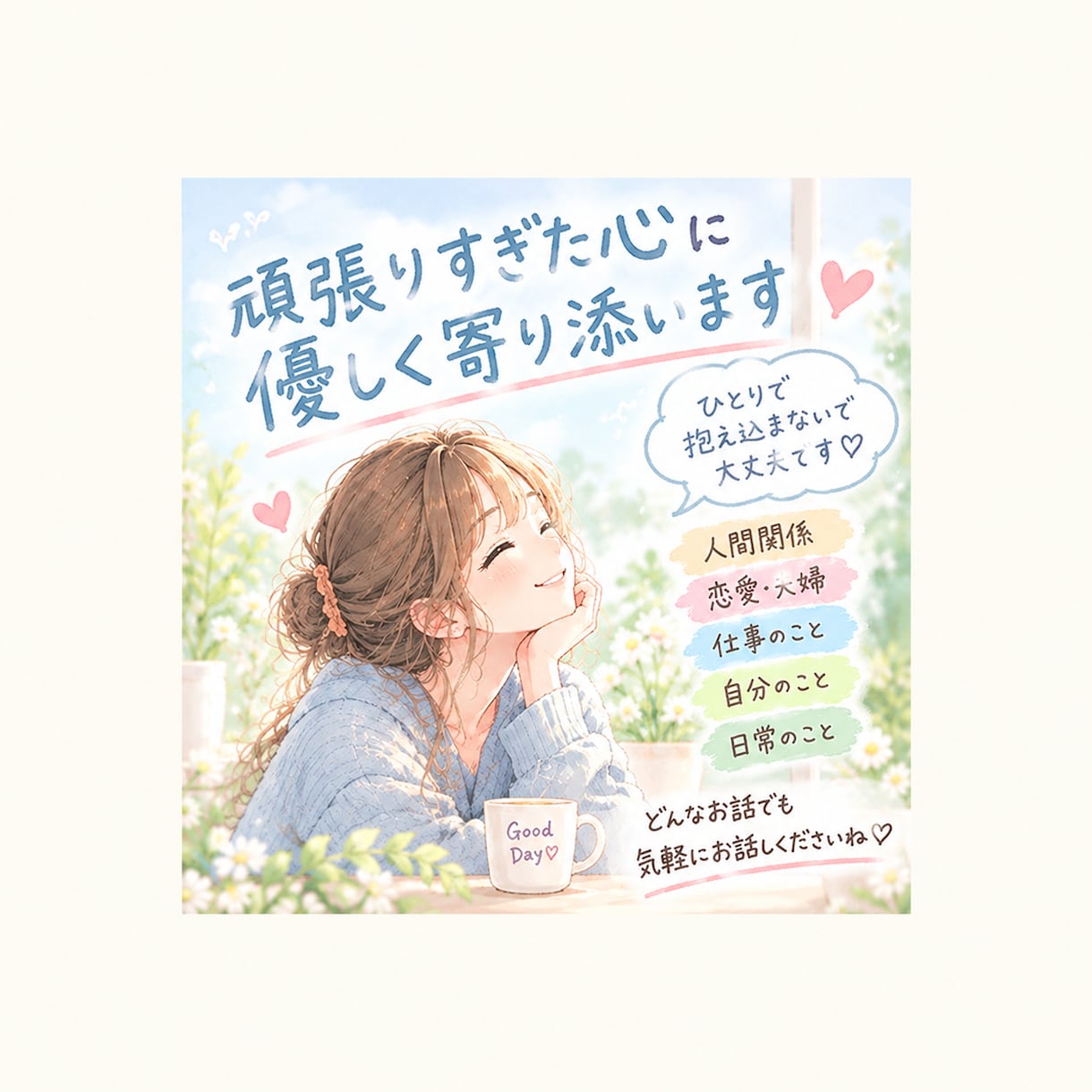 悩みも恋バナも♡あなたのお話を何でもお聴きします 頑張りすぎなくて大丈夫♡ありのままのあなたでお話しください♪ イメージ2