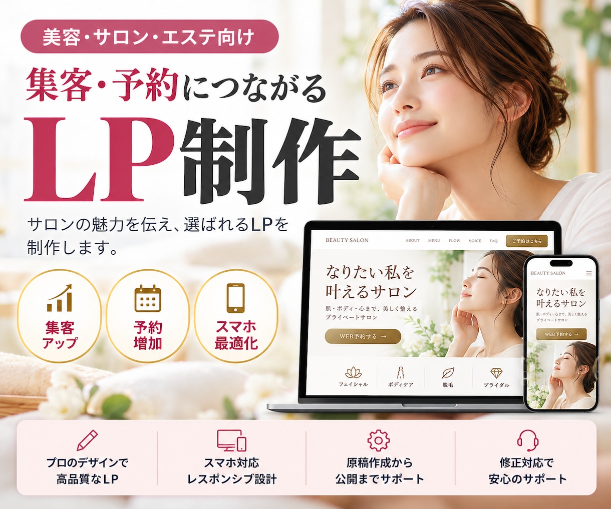 美容サロンの集客・予約LPを制作します エステ・脱毛・ネイル対応！魅力が伝わる予約導線を設計 イメージ1