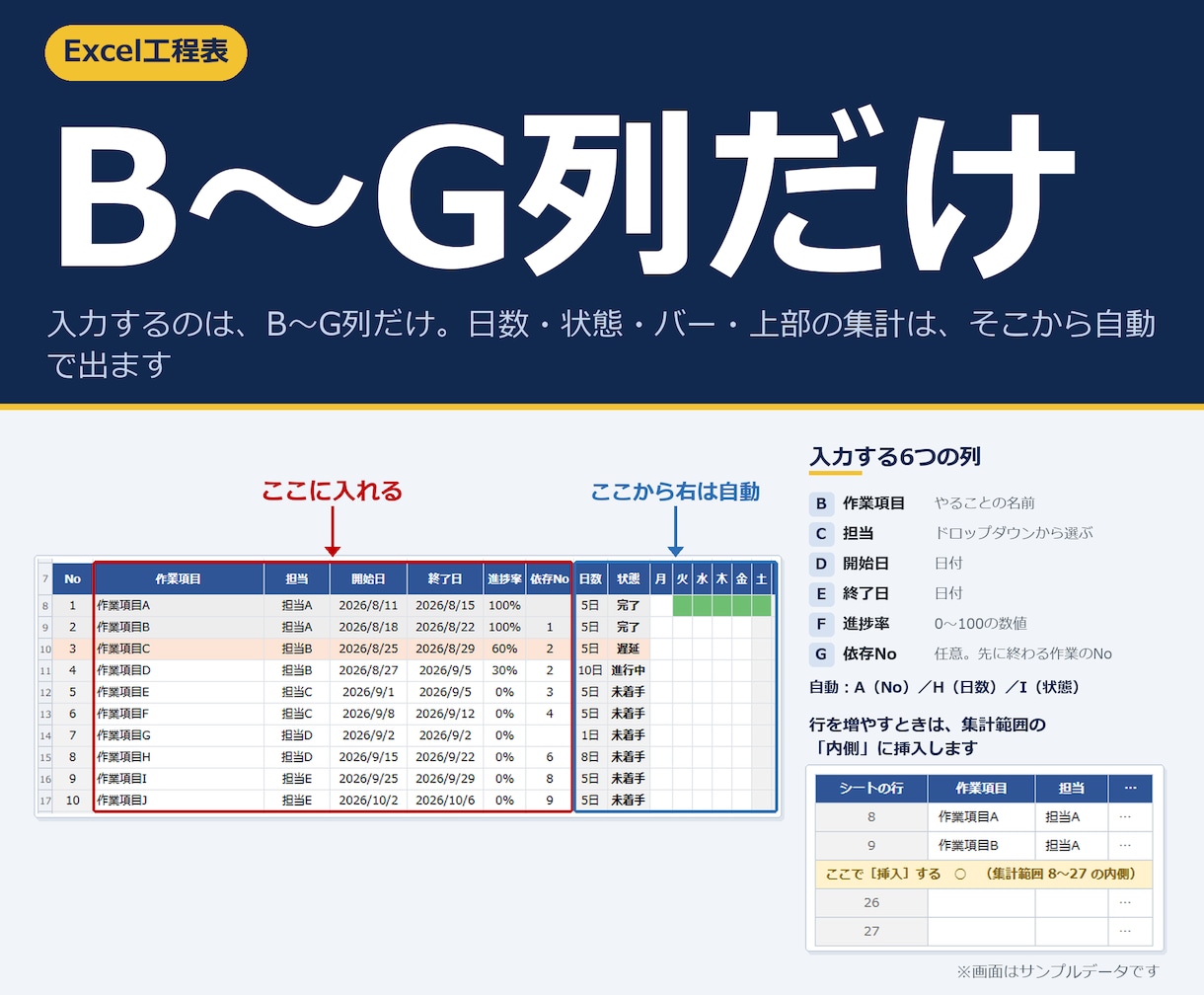 エクセル工程表・ガントチャート表を提供します Excelテンプレート。日付を入れるだけで進捗管理 イメージ3
