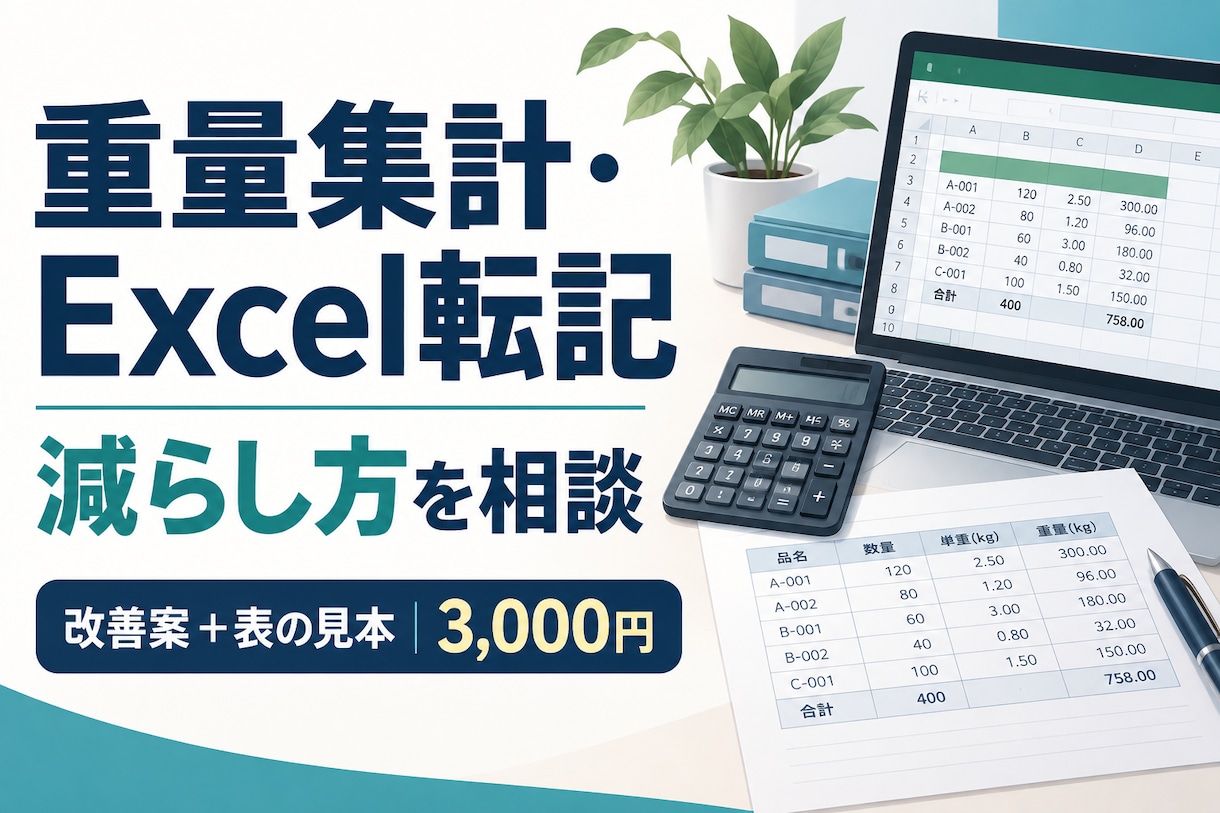 重量集計・Excel転記の減らし方を提案します 現場の二重入力を整理。改善案と表の見本をお届け イメージ1