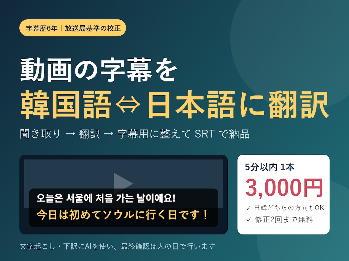 字幕歴6年｜韓国語⇔日本語の動画字幕を翻訳します 放送局基準の校正で正確に。日韓どちらもSRT納品OK イメージ1