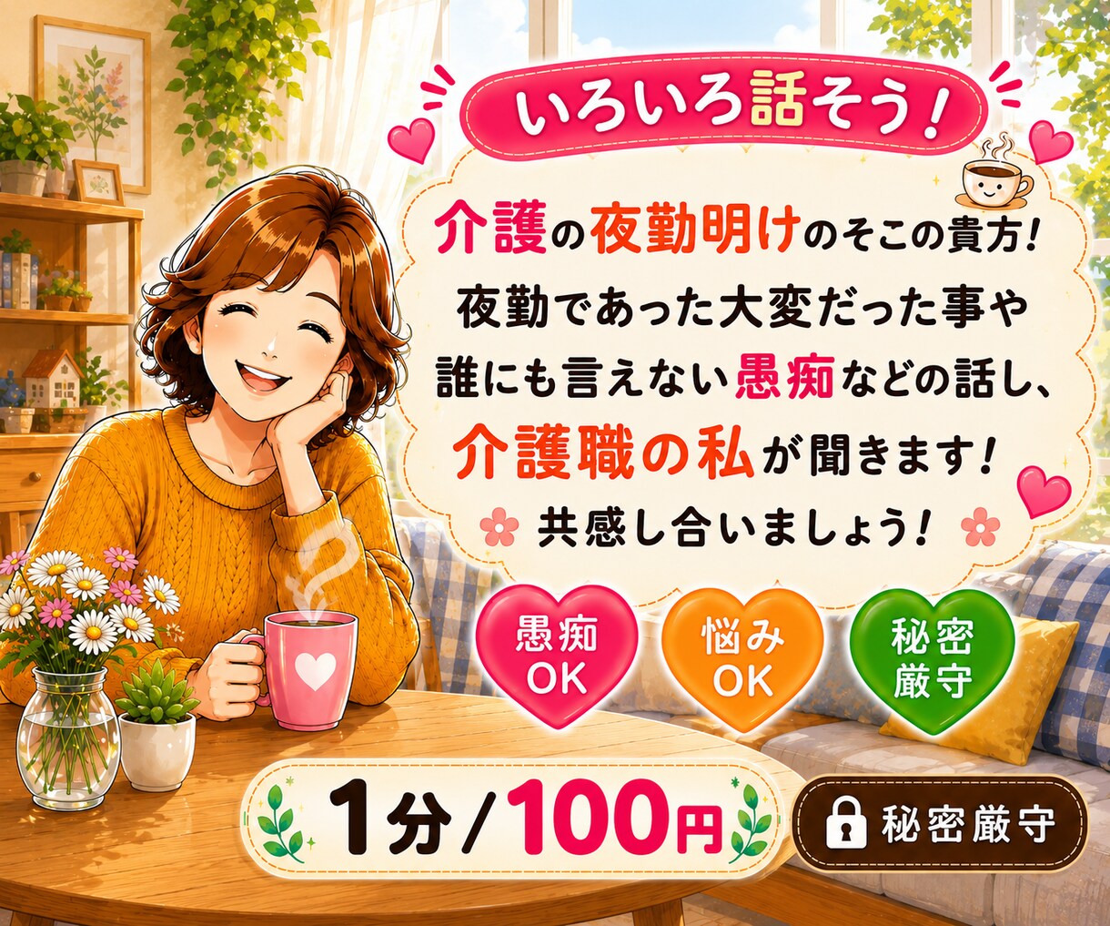 日々のモヤモヤ愚痴、介護職が優しく受け止めます 日々のモヤモヤや愚痴・悩みをお友達感覚でゆっくり聴きます イメージ2