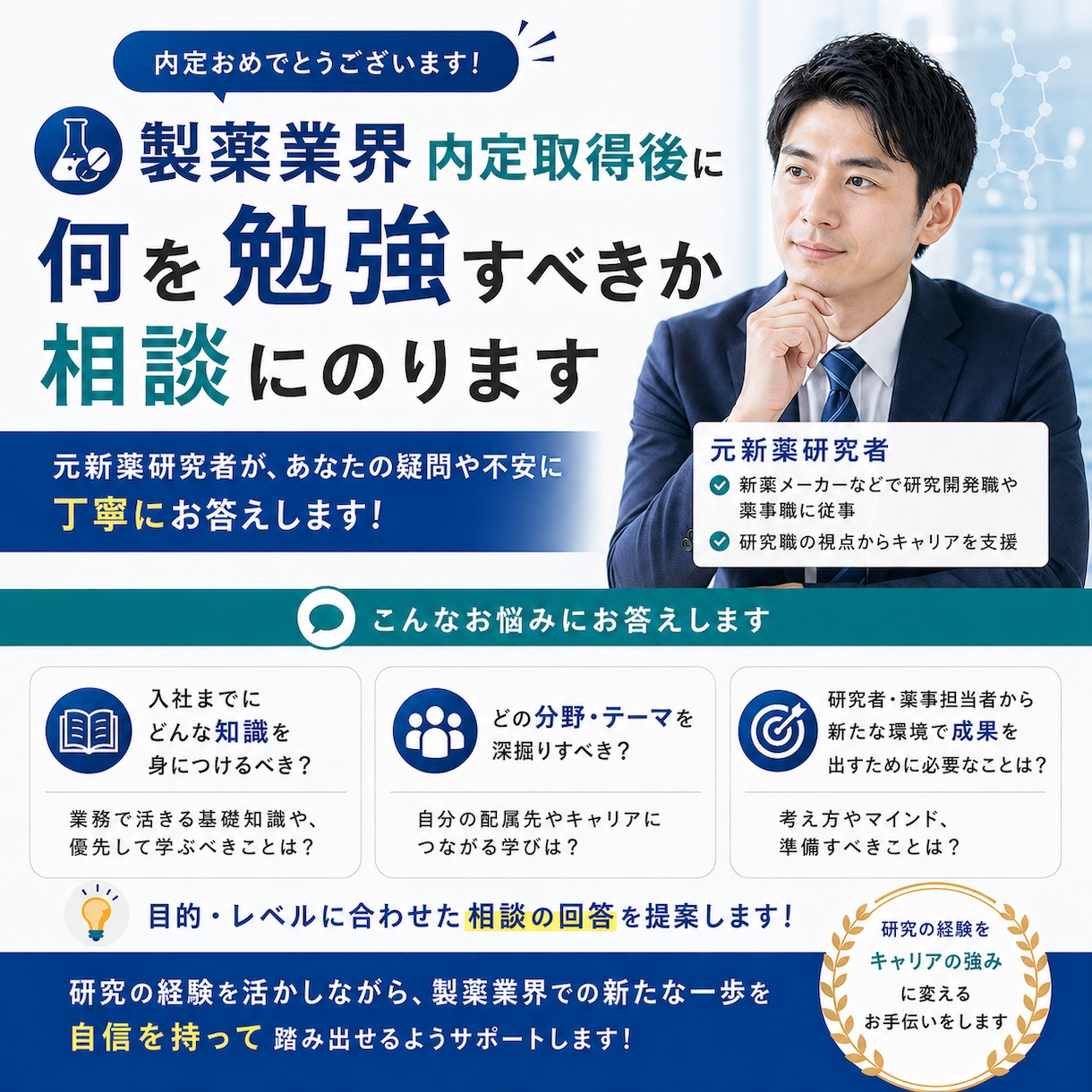 製薬業界内定取得後に何を勉強すべきか相談にのります 内定取得後から卒業及び入社まで何を学んで備えますか？ イメージ1