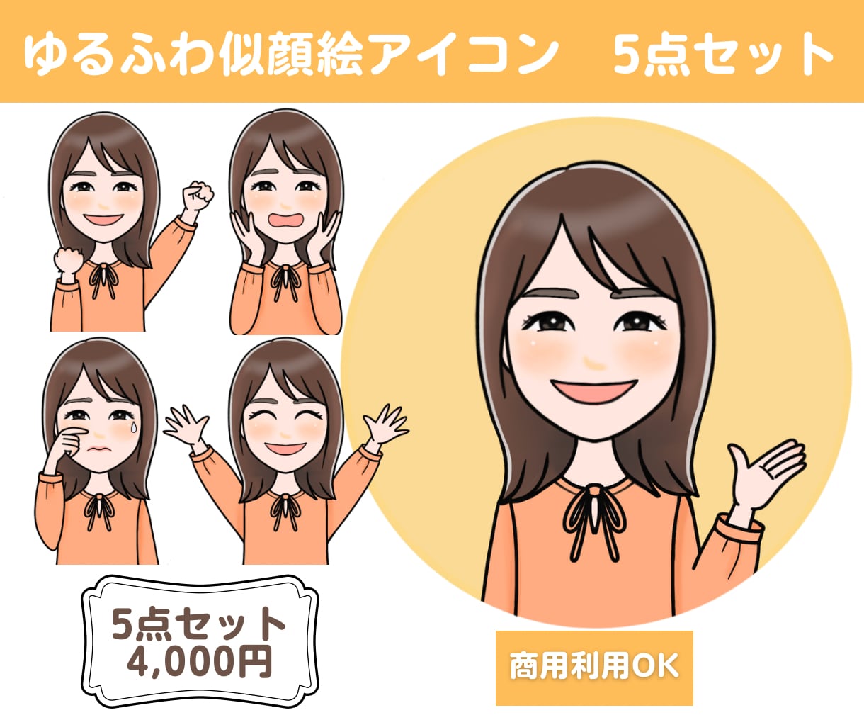 表情・ポーズ違いのアイコン『5セット』描きます SNS・ブログ・挿絵などのイラストに♪ゆるふわ似顔絵！ イメージ1