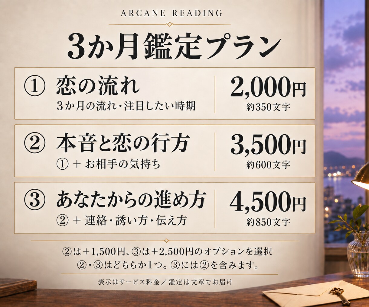 3か月の恋の流れと注目したい時期を占います 3か月の恋の流れに、相性や進め方の鑑定を追加できます。 イメージ2