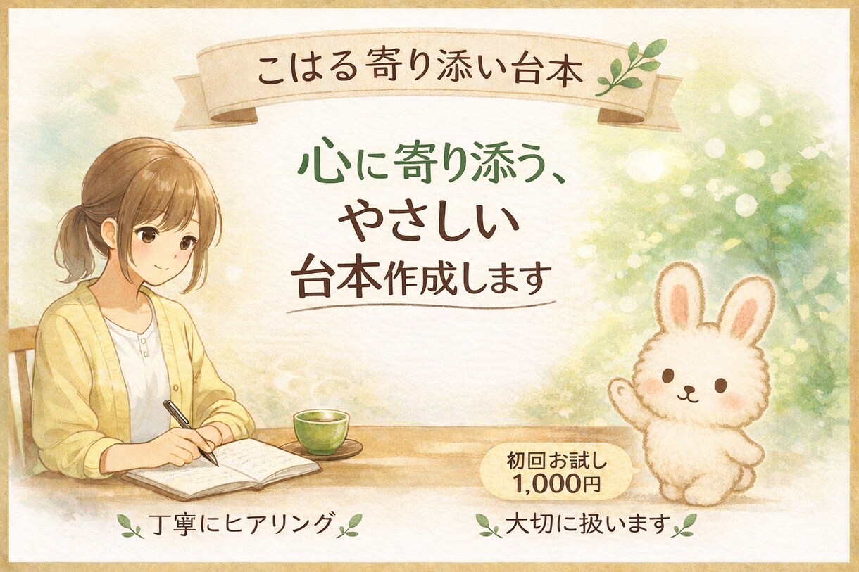 心が疲れている人に寄り添う文章・台本を書きます 強い言葉は使わず、気持ちに寄り添う文章をお届けします イメージ1