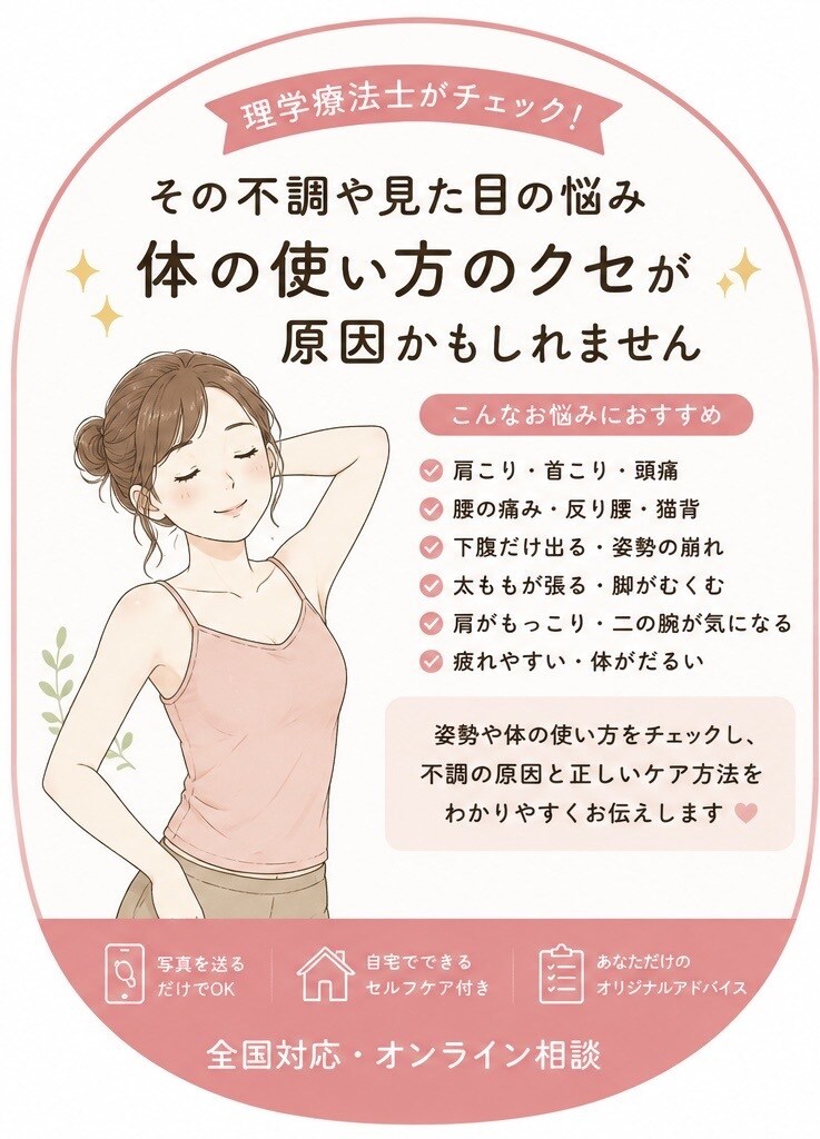 理学療法士が肩こり腰痛が気になるへアドバイスします 現役理学療法士が動画や写真で身体の使い方をチェックします！ イメージ1
