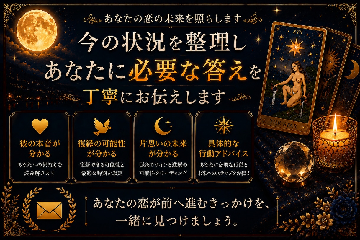 恋の状況を整理し、あなたに必要な答えをお伝えします 彼の本音・復縁・片思いを、現実的な視点で読み解きます イメージ3