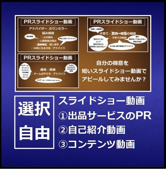 出品サービスのPRや自己紹介等の動画作成代行します 【60秒以内】インパクトのあるスライドショー動画でアピール！ イメージ3