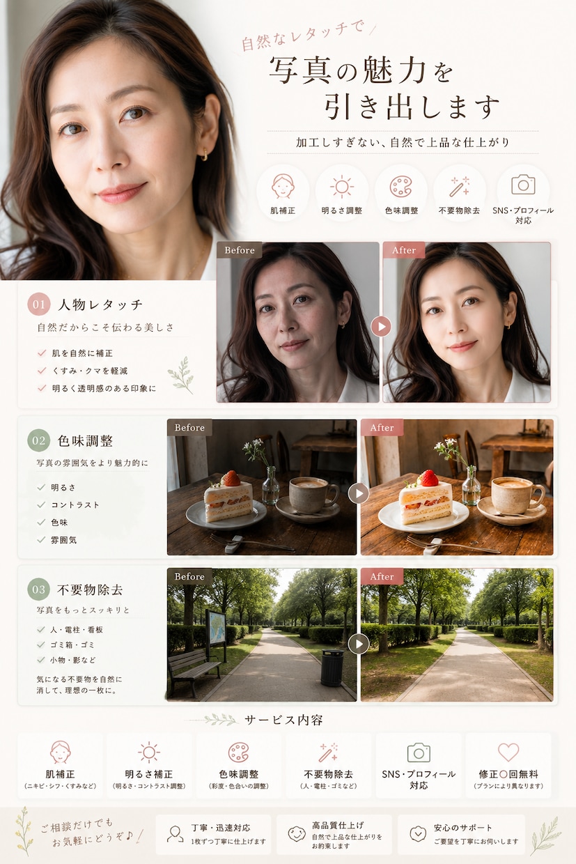 自然なレタッチで写真の魅力を引き出します 大切な一枚を、もっと好きになる一枚へ。 イメージ1