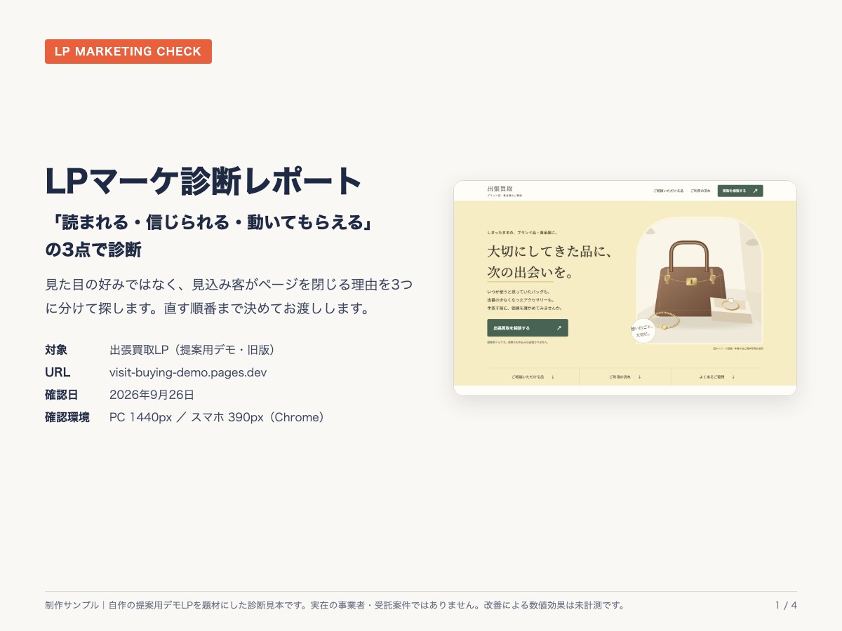 LPの改善点と直す順番を診断します 1ページ診断｜改善10項目と見出し2案をPDFで イメージ1
