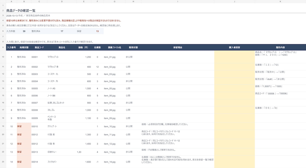 商品CSVを整え、確認が必要な行を一覧にします 空欄・重複を勝手に補わず、変更履歴も納品 イメージ1