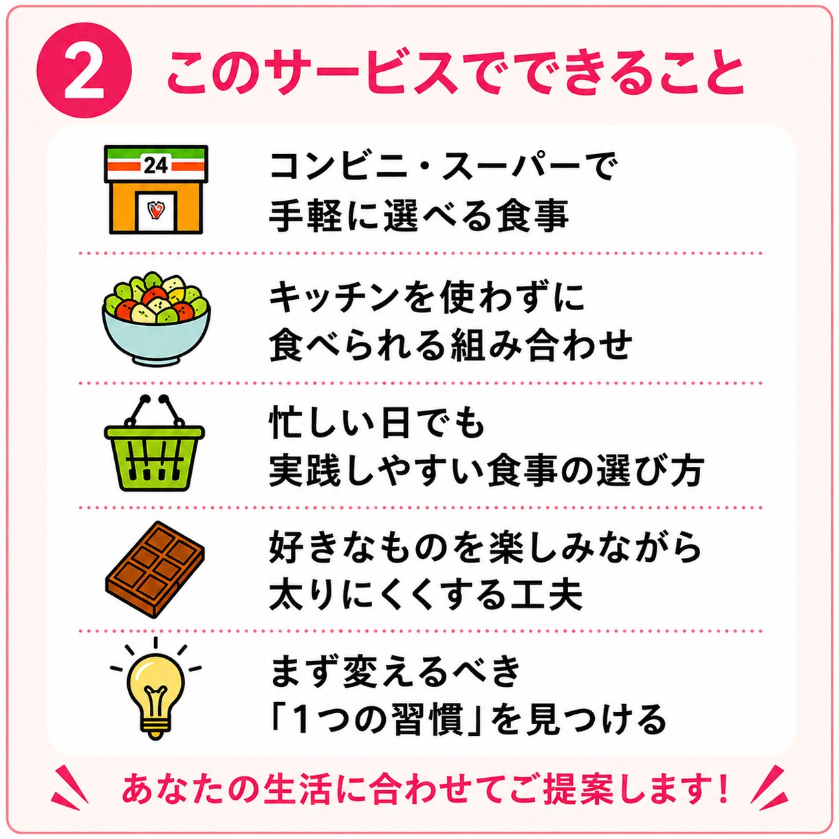 美容栄養士がライトなダイエットの相談に乗ります まずはできることから！忙しくてもできる食事・栄養管理を イメージ2