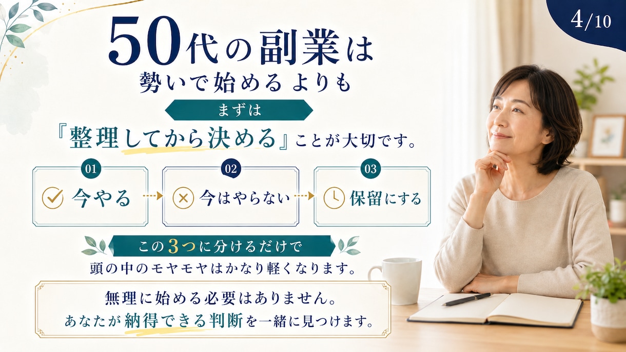 情報疲れの頭を整理し、あなただけの判断軸を作ります 副業が気になる50代へ。やる・やらない・保留を整理します。 イメージ4