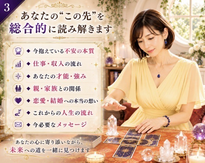 この先大丈夫？お金と人生の未来を読み解きます 仕事・親・結婚・老後…漠然とした不安を優しく占います イメージ3