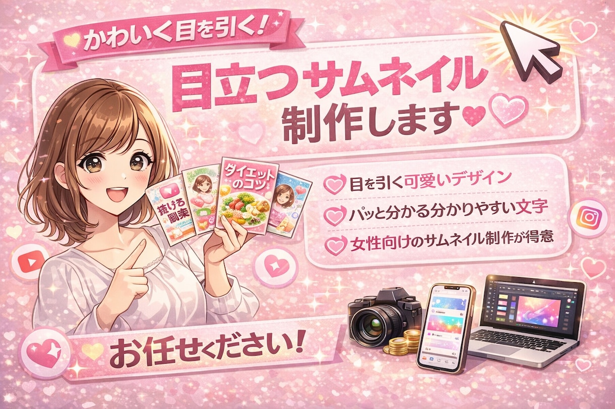 クリックさせる！目立つサムネイル作り	ます 目に止まるクオリティ高いサムネはお任せください！		 イメージ2