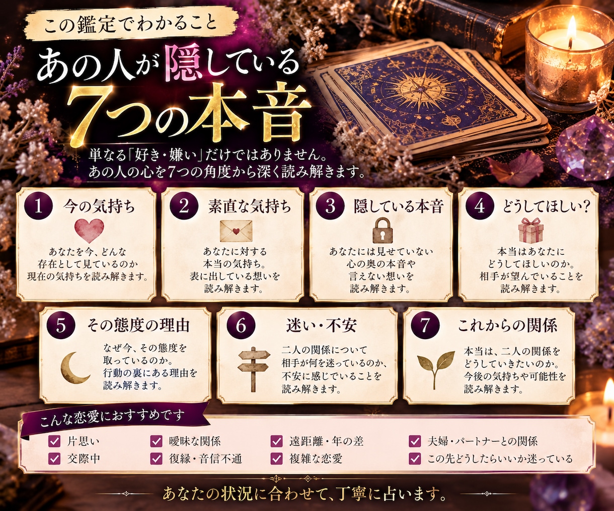 あの人が隠している7つの本音を占います 言葉にしない気持ち・恋愛感情・迷い・二人の今後タロットで鑑定 イメージ2
