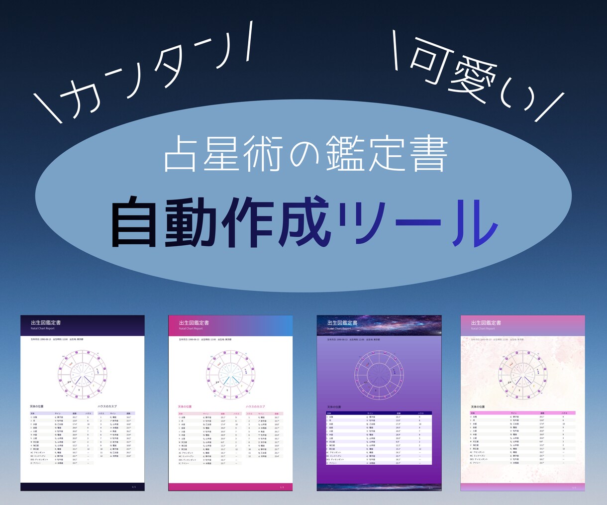 占星術の鑑定書作成ツール提供します 表紙、チャート図、表、鑑定文をお好みのデザインで作成 イメージ1