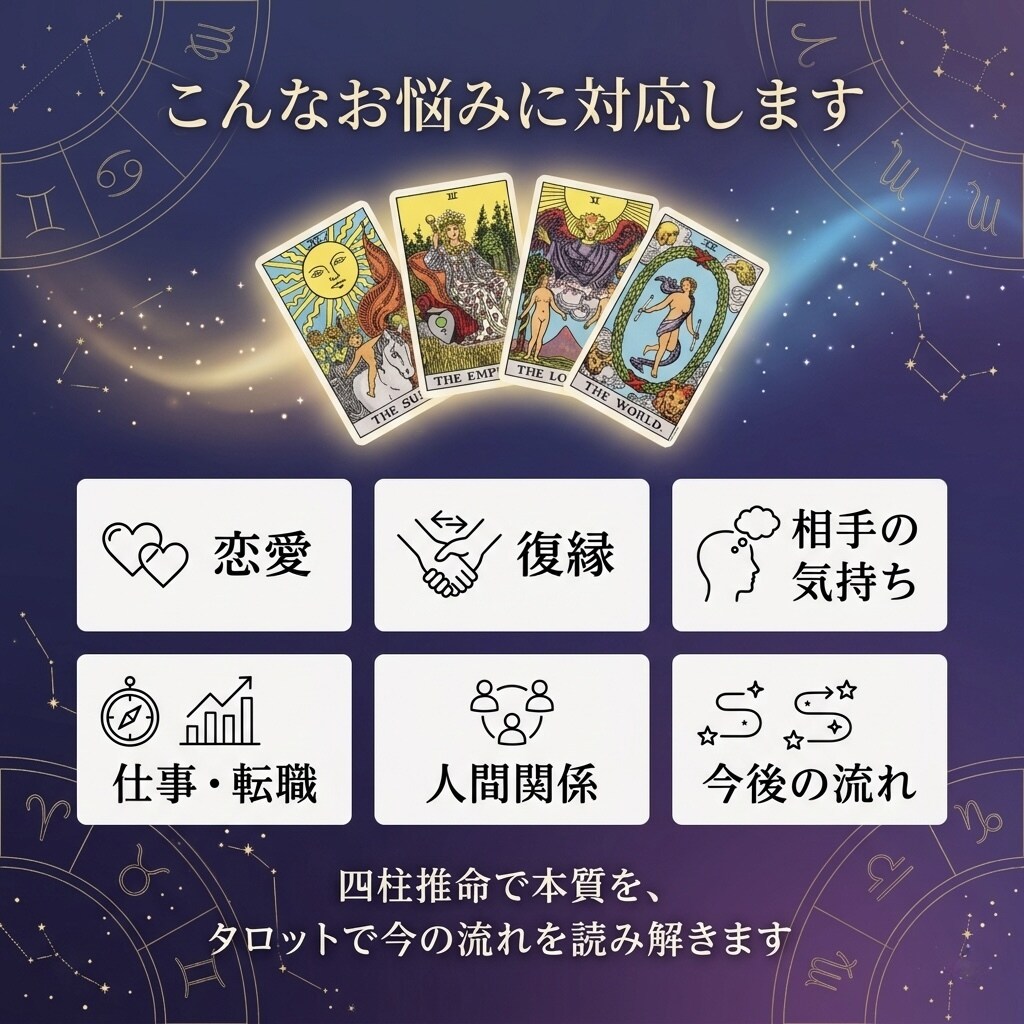 四柱推命とタロットで本質と流れを丁寧に読み解きます 本質と今の流れを丁寧に読み解きます。 イメージ3