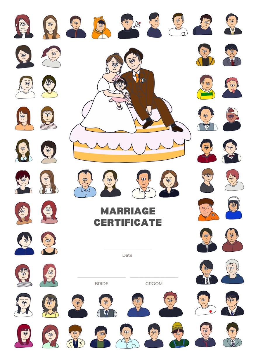 POPな似顔絵入りの結婚証明書を作成します ゲストの似顔絵を入れた想い出に残る結婚証明書をお作りします イメージ2
