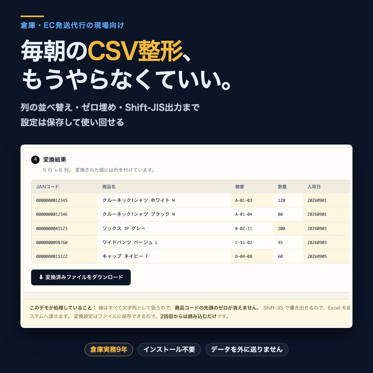 CSVの手作業を、ブラウザで動くツールにします インストール不要。データを外に出さない専用ツールを作ります イメージ1