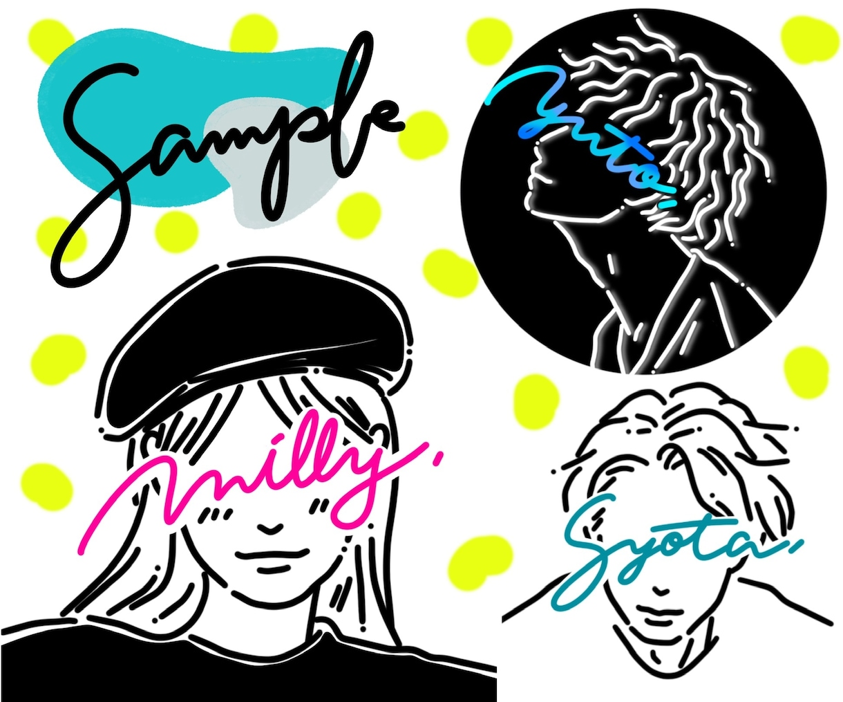 目が点のお洒落な似顔絵線画アイコンイラスト描きます 線の色、背景色は、ご自由に指定できます^^ イメージ2