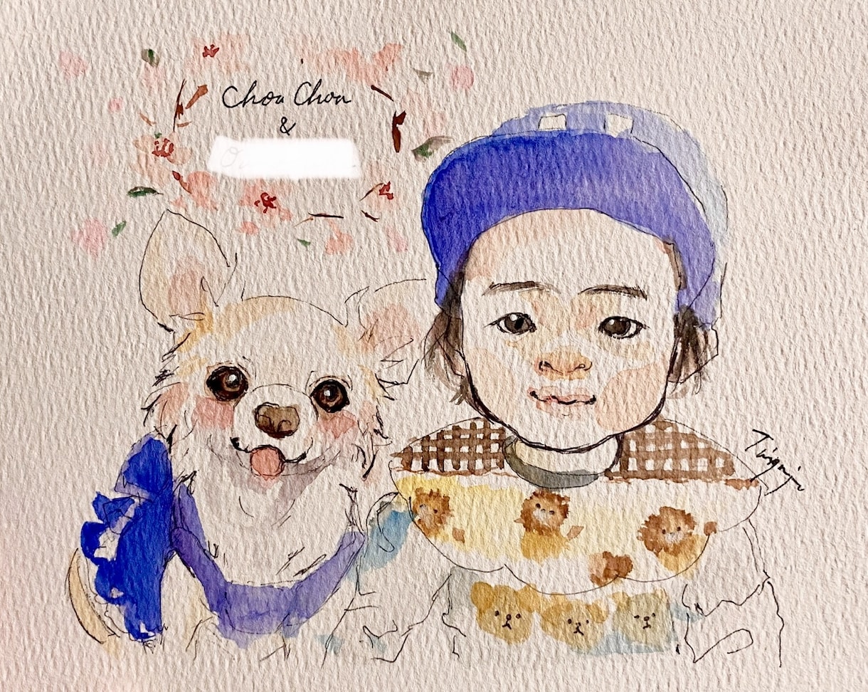 ペットは家族。人とペットの似顔絵描きます 水彩画で人とペットの似顔絵を可愛く描きます。 イメージ6