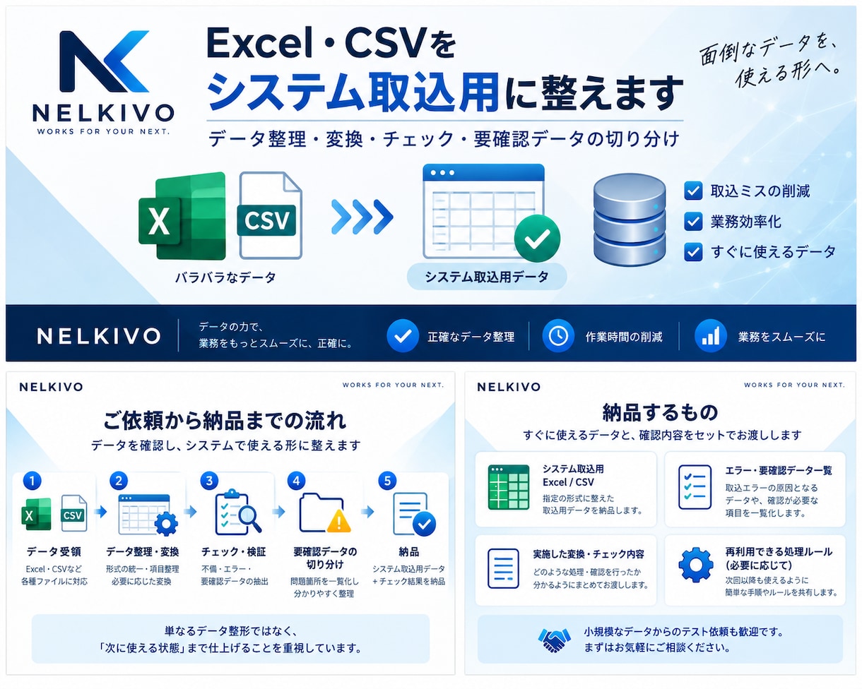 Excel・CSVをシステム取込用に整えます 形式違い・エラー候補・要確認データまで切り分けて納品 イメージ2
