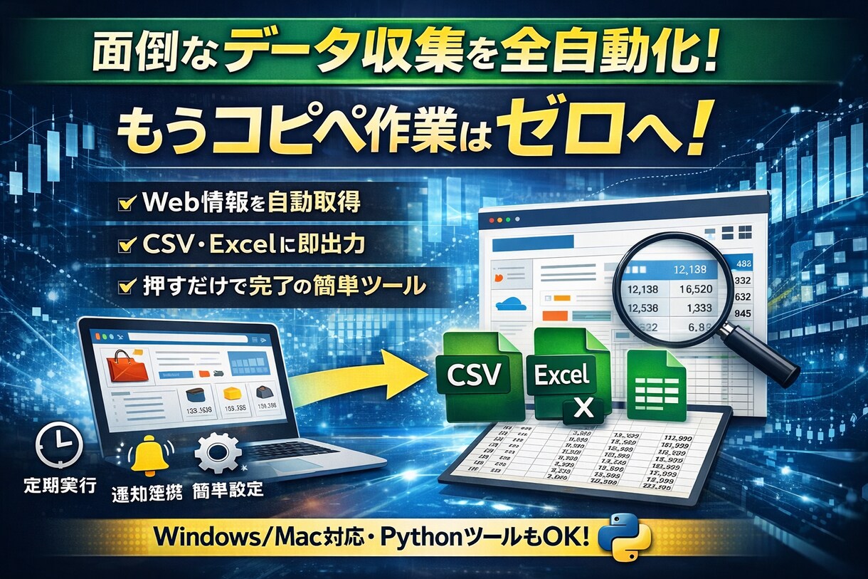 Webデータ収集の自動化ツールを作成します 欲しいデータを「ボタンを押すだけ」で収集します。 イメージ1
