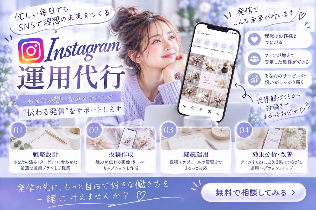 忙しい女性のインスタ投稿をまるごと丁寧に代行します 女性目線で投稿作成から運用まで丁寧にまるごとサポートします イメージ1