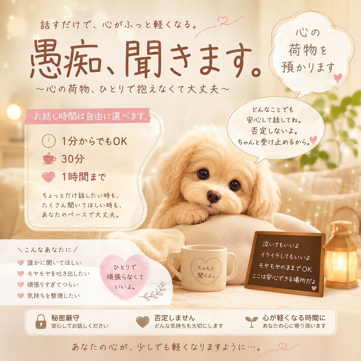 心の荷物を預かります 誰にも話せない事を相談してみませんか？30分〜1時間まで。 イメージ1