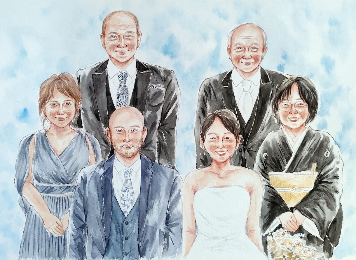 手描きの温かい似顔絵を水彩でお描きします 還暦祝いや米寿祝い、ウェディングにおすすめです(A4サイズ) イメージ1