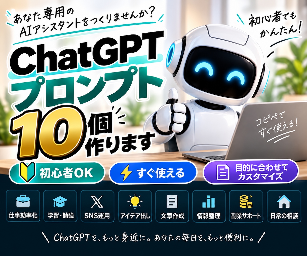 ChatGPT初心者専用プロンプト10個作ります 「何を聞けばいい？」を解決。あなた専用に10個まとめて作成 イメージ1