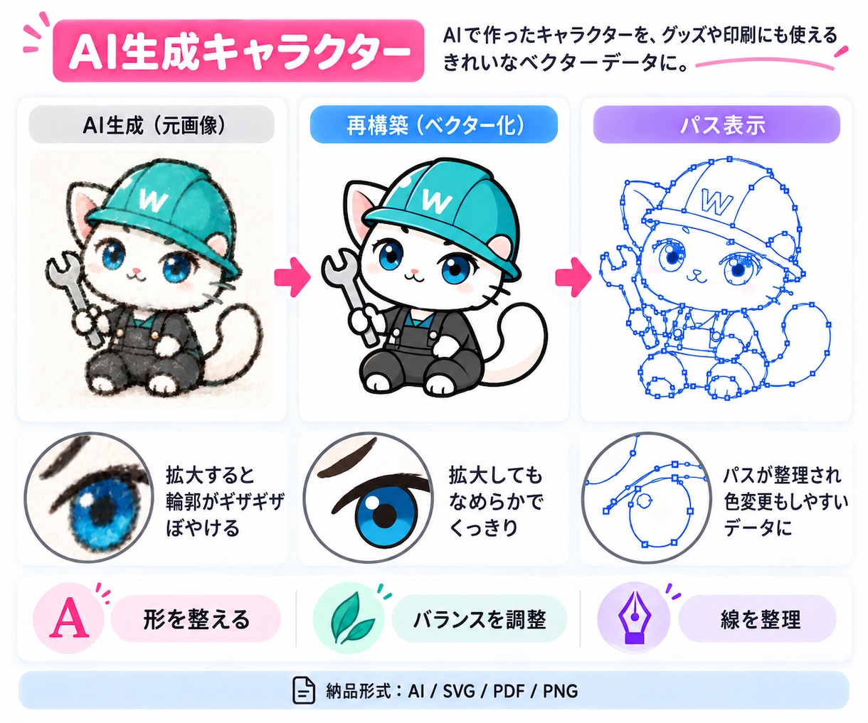 AI生成ロゴ・画像を高品質なAiデータにします AIで作った画像を、 人の手で整えてVector化します。 イメージ9
