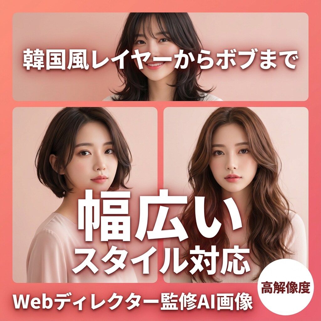 即日納品可!【美容室用ヘアスタイル写真】作成します Z世代人気の韓国風レイヤーからシニアのひし形ショートボブまで イメージ5