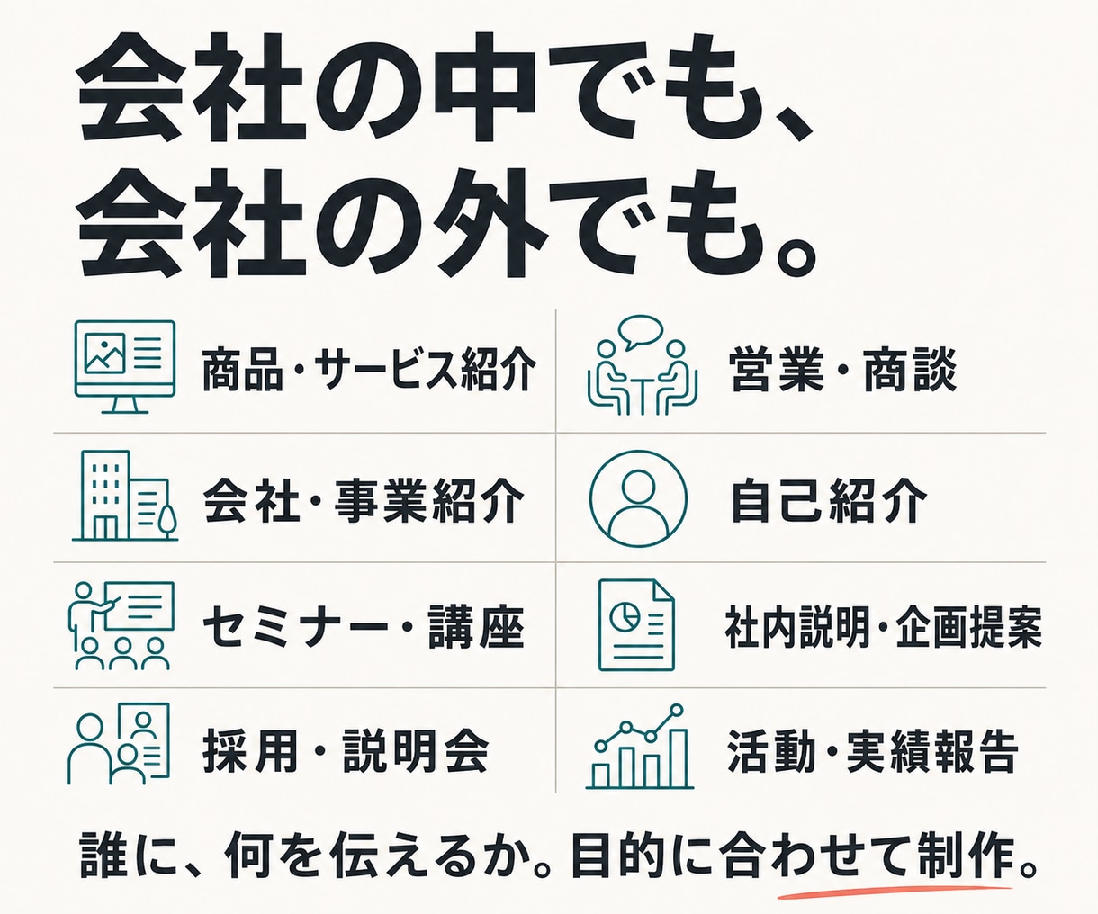 メモと手元の資料から伝わるプレゼン資料を作ります 構成からお任せ。会社紹介・営業・提案資料を目的に合わせて イメージ8