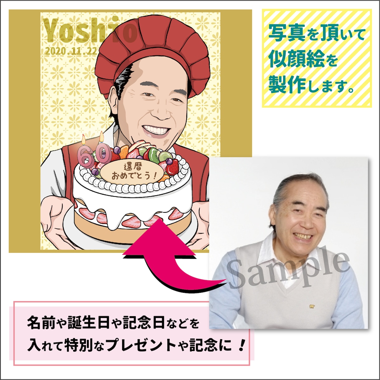 お祝いの似顔絵描きます 衣装を還暦仕様などに変えてお描きいたします！ イメージ2