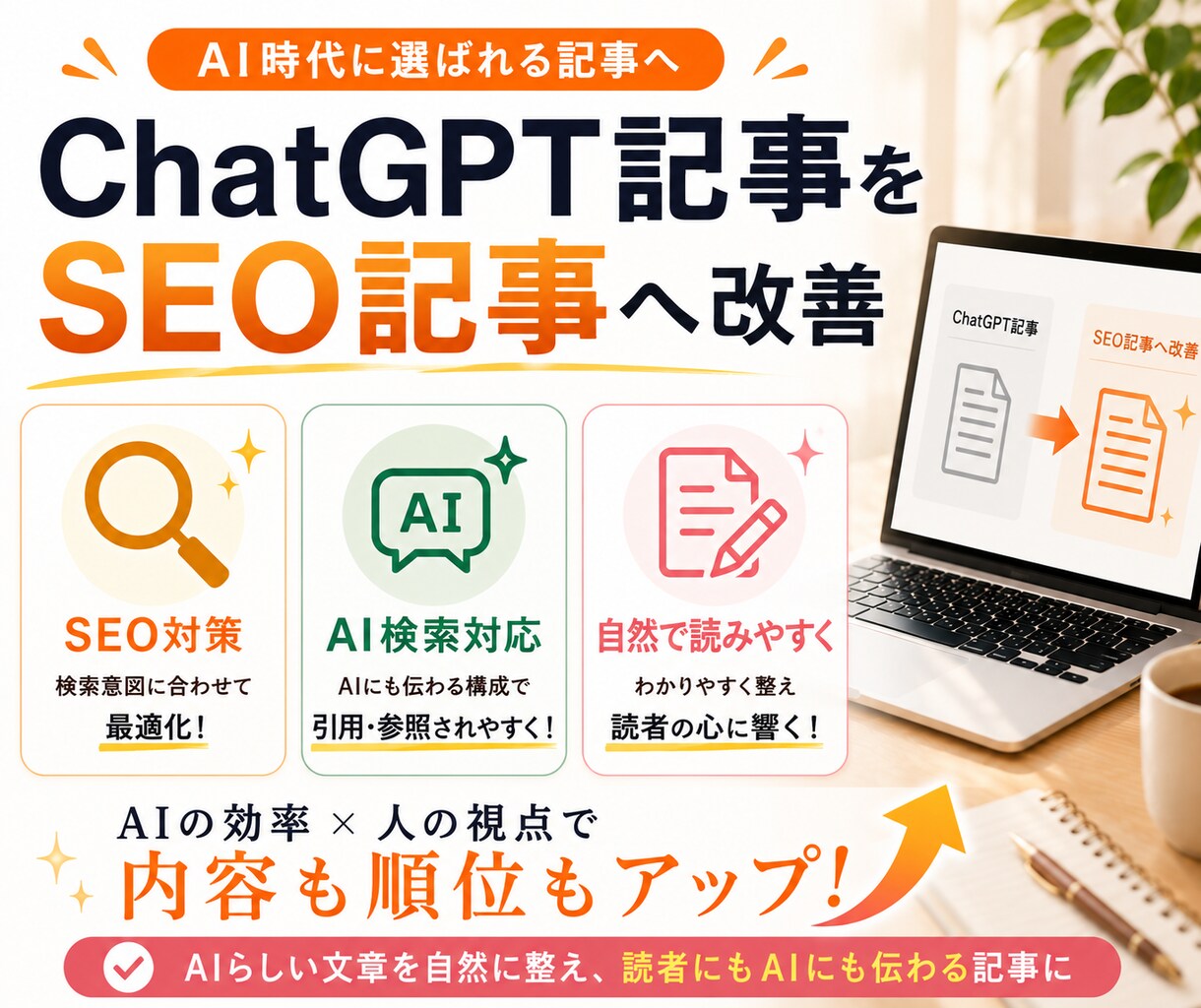 ChatGPT記事をSEO記事へ改善します AIで作った記事を、そのまま公開していませんか？ イメージ1