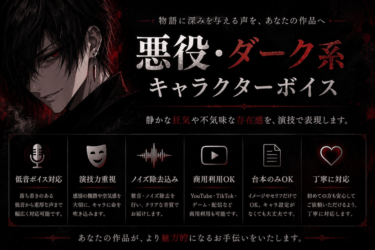 即レス！悪役・ダーク系キャラクターボイス承ります 商用利用・ノイズ処理込みの高品質なキャラボイスをお届けします イメージ3