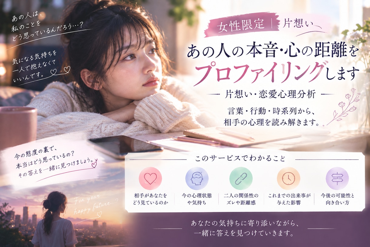 彼の本音・心の距離をプロファイリングします 言葉・行動・時系列から、片想いの相手の心理を読み解きます。 イメージ2