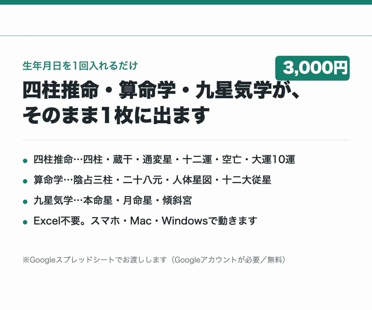 四柱推命・算命学・九星気学を1枚で出します 生年月日1回で3占術｜Excel不要・スマホ可 イメージ1