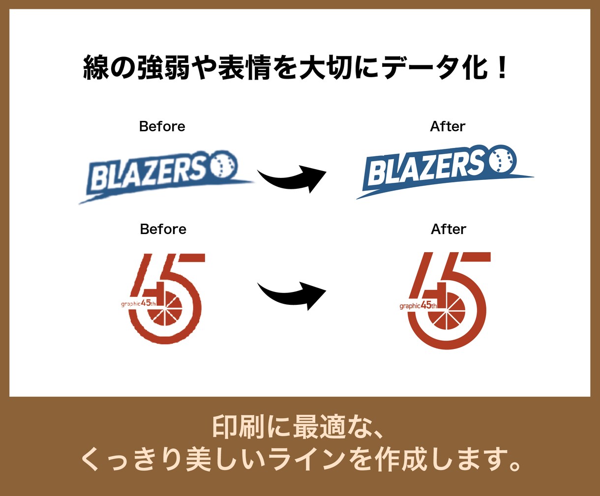 画像から綺麗なAiデータにします 手書きや荒い画像を印刷用データへ丁寧に変換し仕上げます。 イメージ4