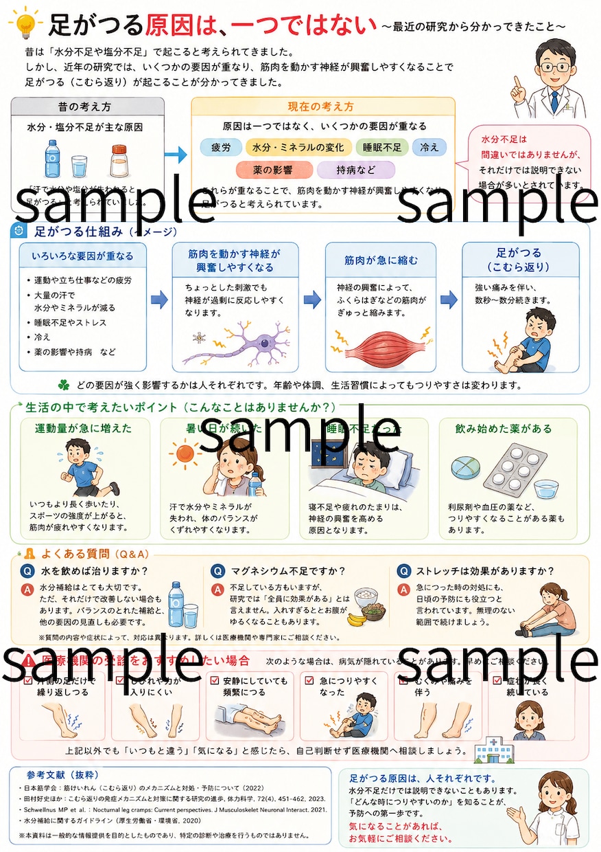 足がつる原因を解説したA4資料を販売します 患者配布用＋購入者向け参考資料のセット イメージ1