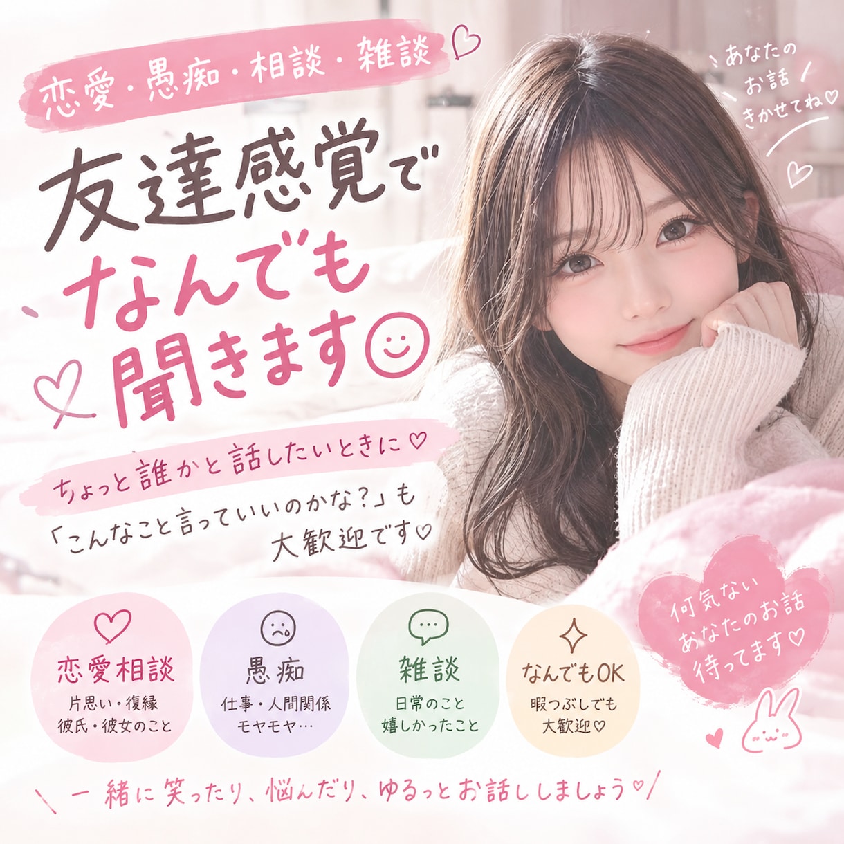 恋愛・愚痴・相談なんでも聞きます 嬉しいことも、愚痴も、気軽に話してください！ イメージ1