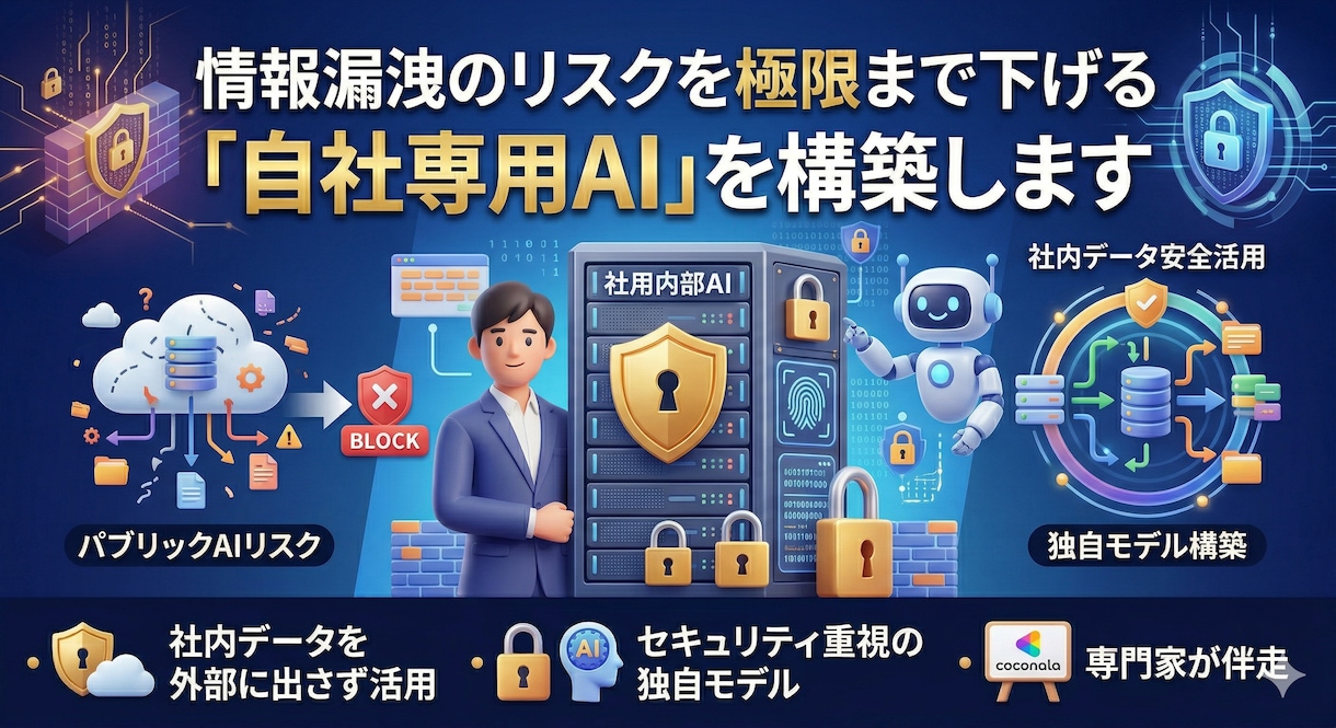 データを外に出さずに「自社専用AI」を構築します 情報漏洩のリスクを極限まで下げる「自社専用AI」を構築します イメージ1