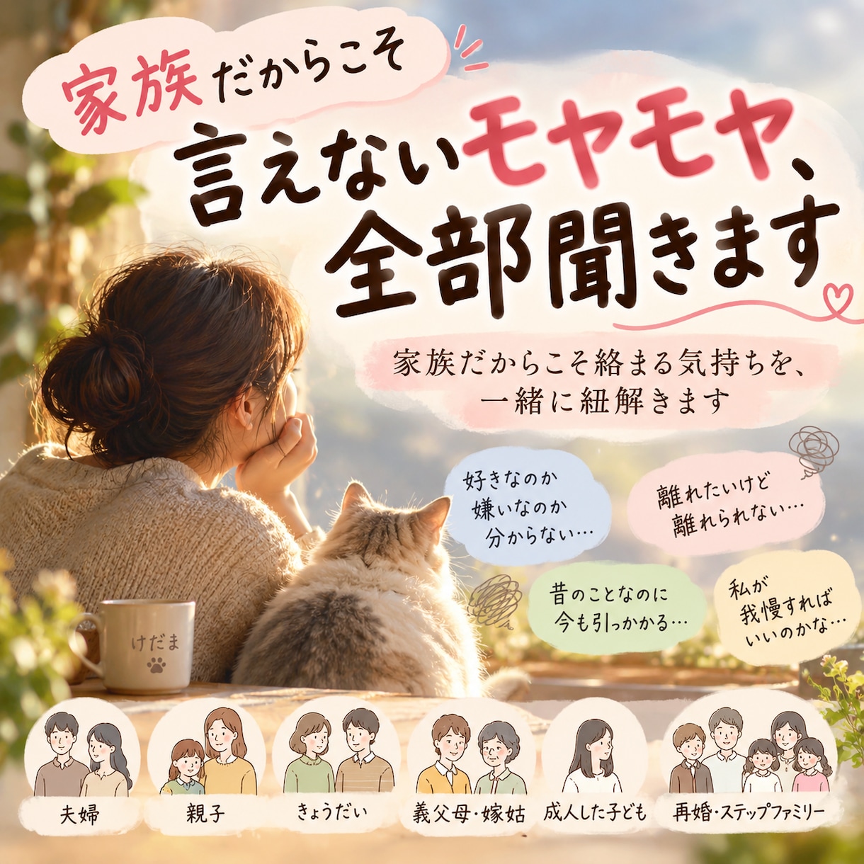 家族だからこそ言えないモヤモヤ、全部聞きます 近い関係だからこそ絡まる気持ちを、一緒に紐解きます イメージ2