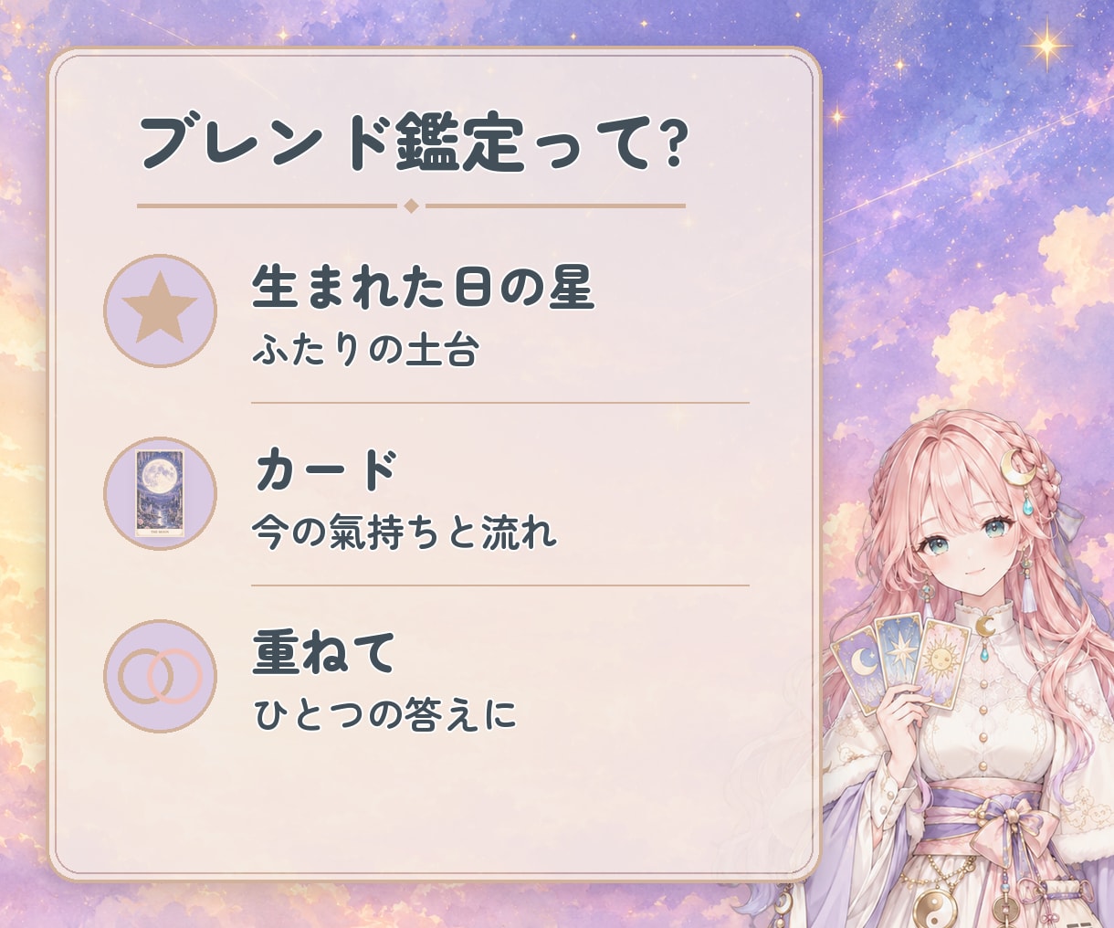 ふたりの相性とこれから｜ブレンド鑑定で視ます 生年月日×タロット｜約3,000字・質問1回 イメージ2
